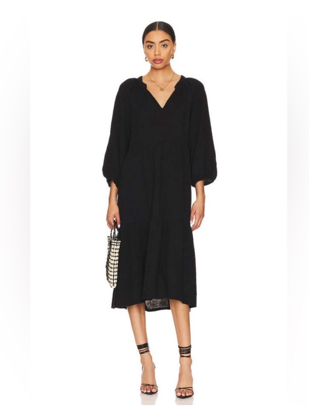 Nation LTD Imani Gauzy Tiered Peasant Midi Dress Black Puff Sleeves Size XS